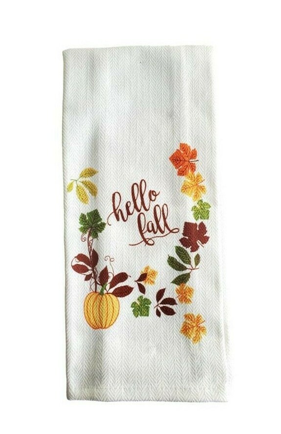 Harvest Autumn Design Woven Kitchen Towels “Hello Fall” - 2 Pack