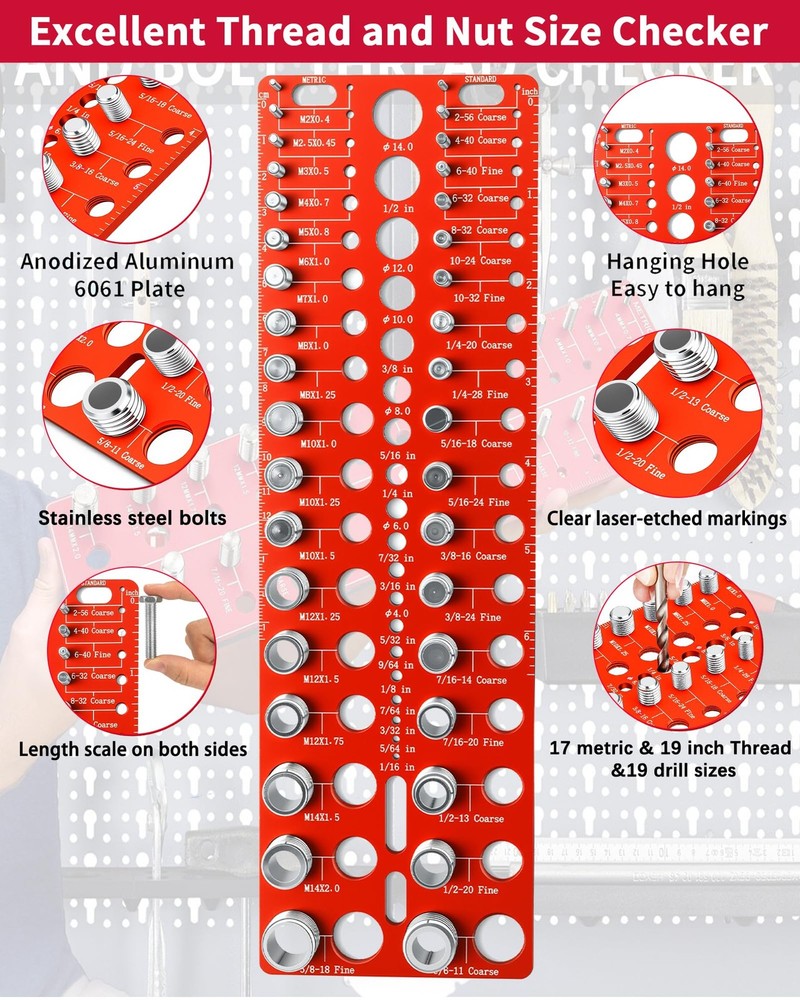 Manalete Thread Checker, 55 Nut and Bolt Screw Size Red