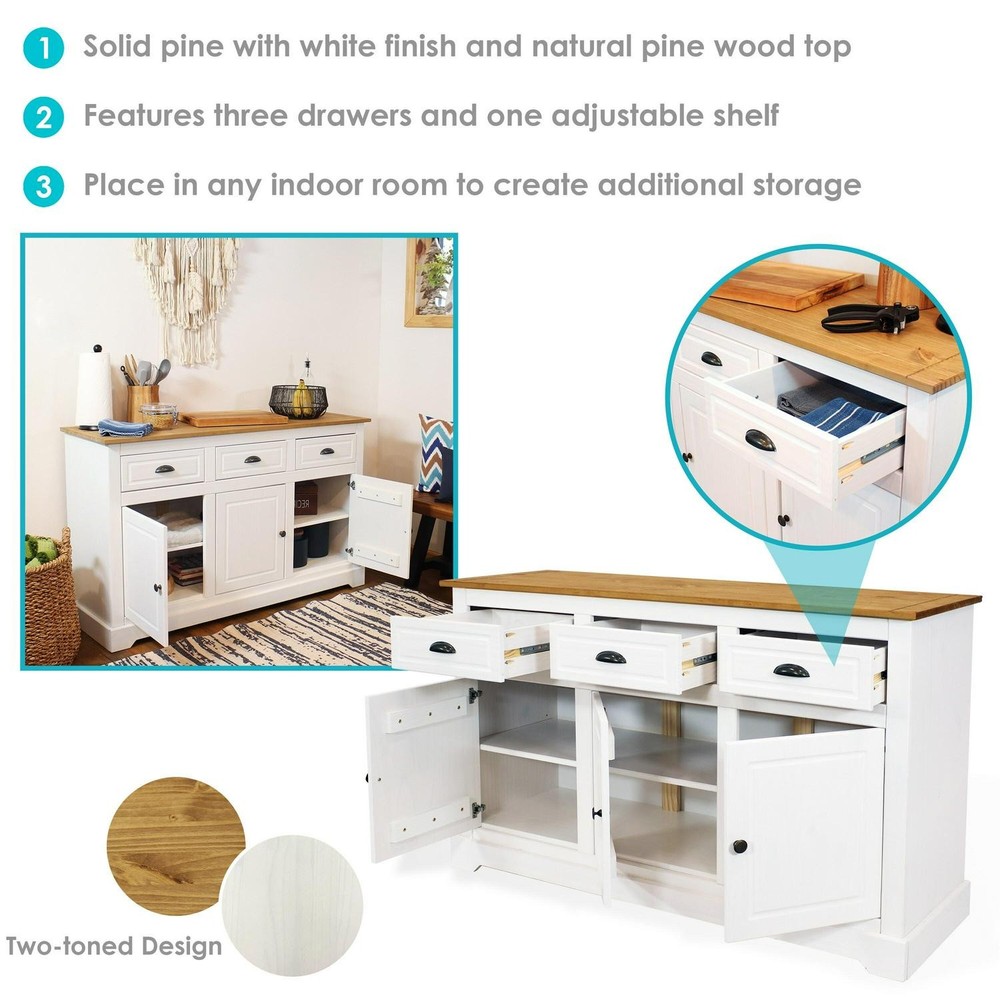Solid Pine Sideboard With 3 Drawers And 3 Doors - 32 In