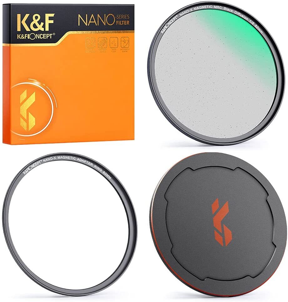 Black Diffusion 1/8 Filter + Magnetic Adapter Ring +Lens Cap Kit for Camera Lens