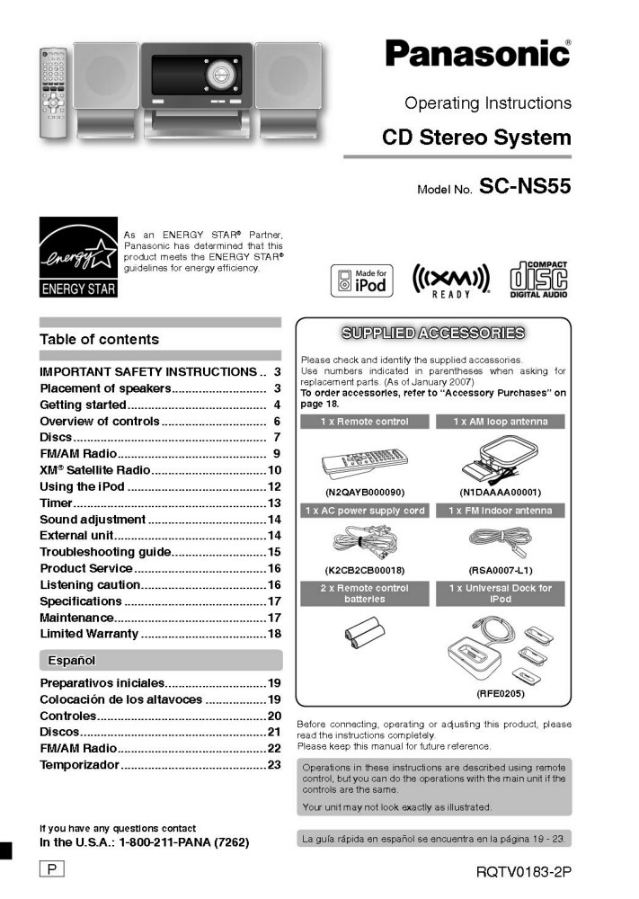 Panasonic SC-NS55 CD Stereo System Owners Instruction Manual