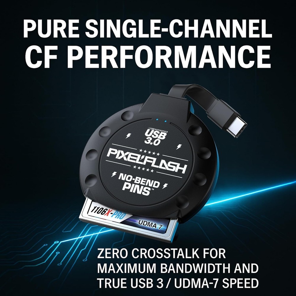 PixelFlash No-Bend Pins CF Reader USB Type-C 2” Cabled Compact UDMA7 Flash Card