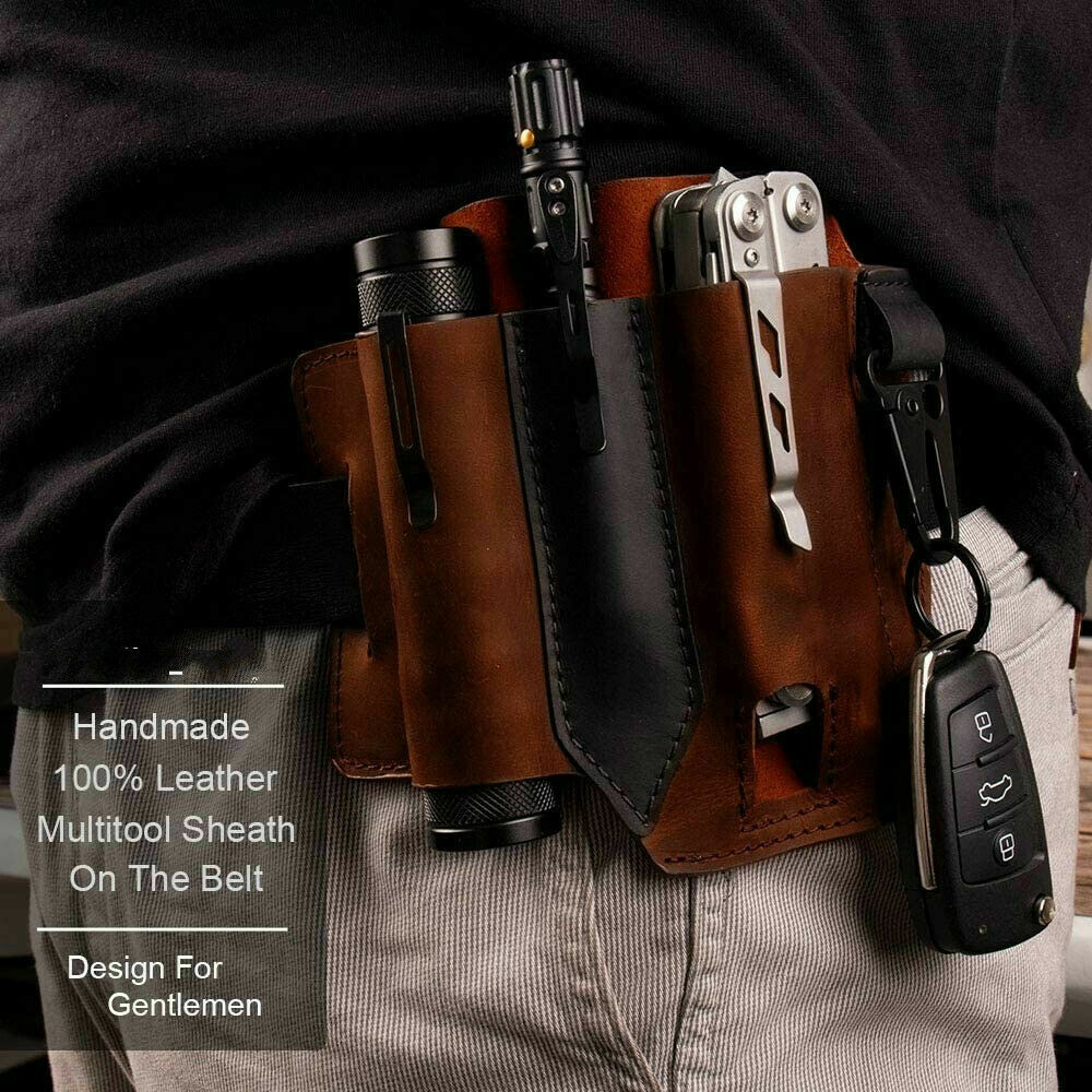 EDC Leather Belt Sheath Organizer For Folded Knives Tactical Flashlights EBS