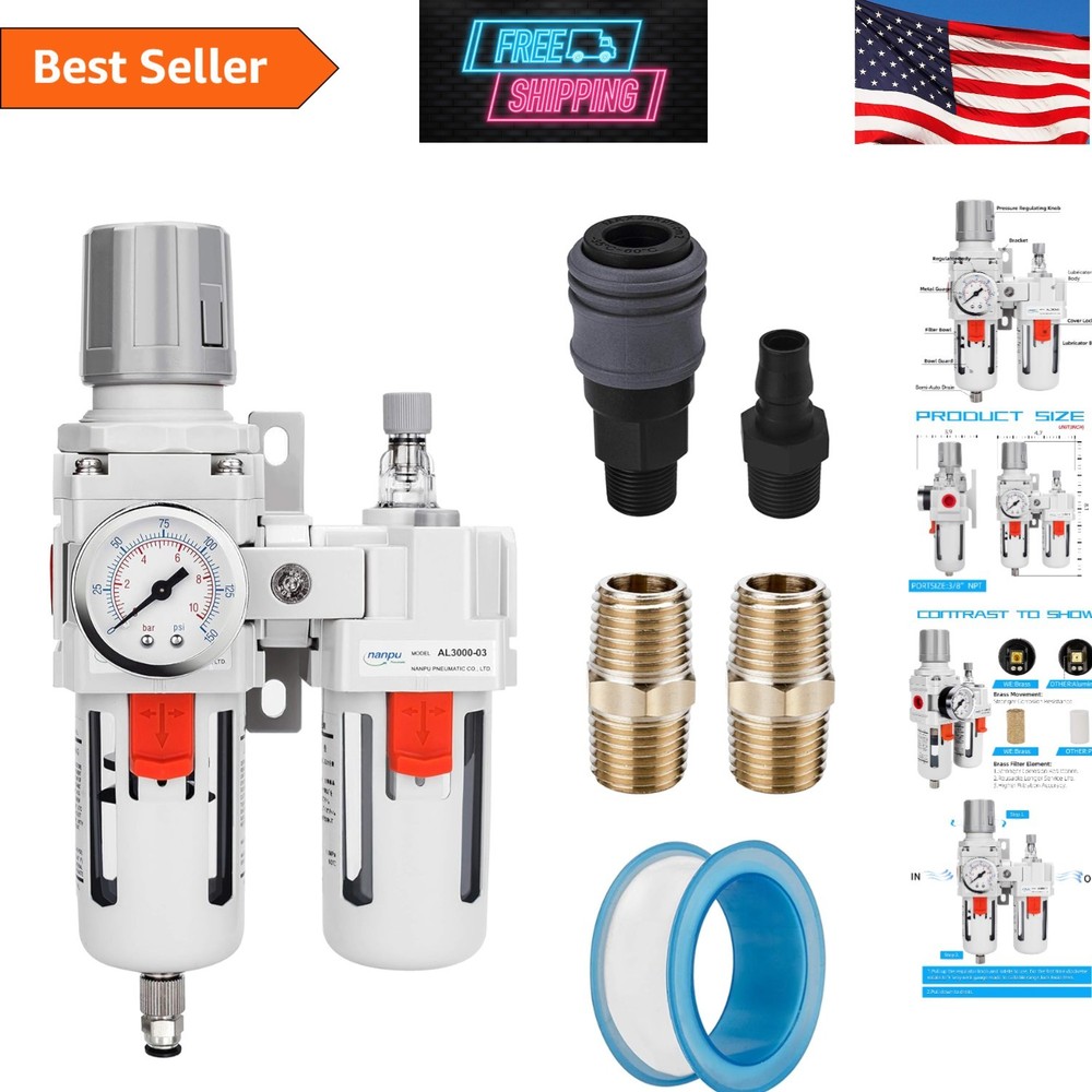 3-in-1 Compressed Air Filter Regulator Lubricator with 5 Micron Filter