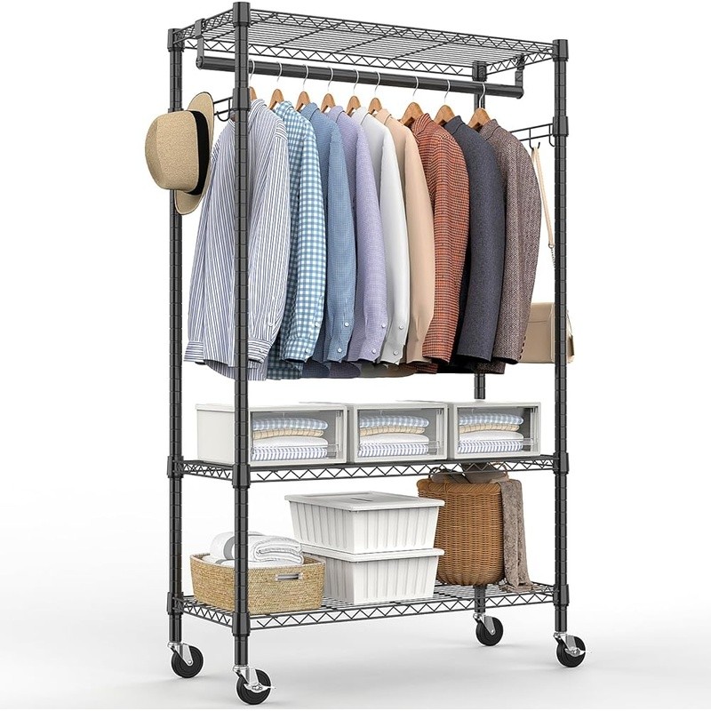 Heavy Duty Rolling Clothes Rack Adjustable Garment Organizer W/ Lockable Wheels