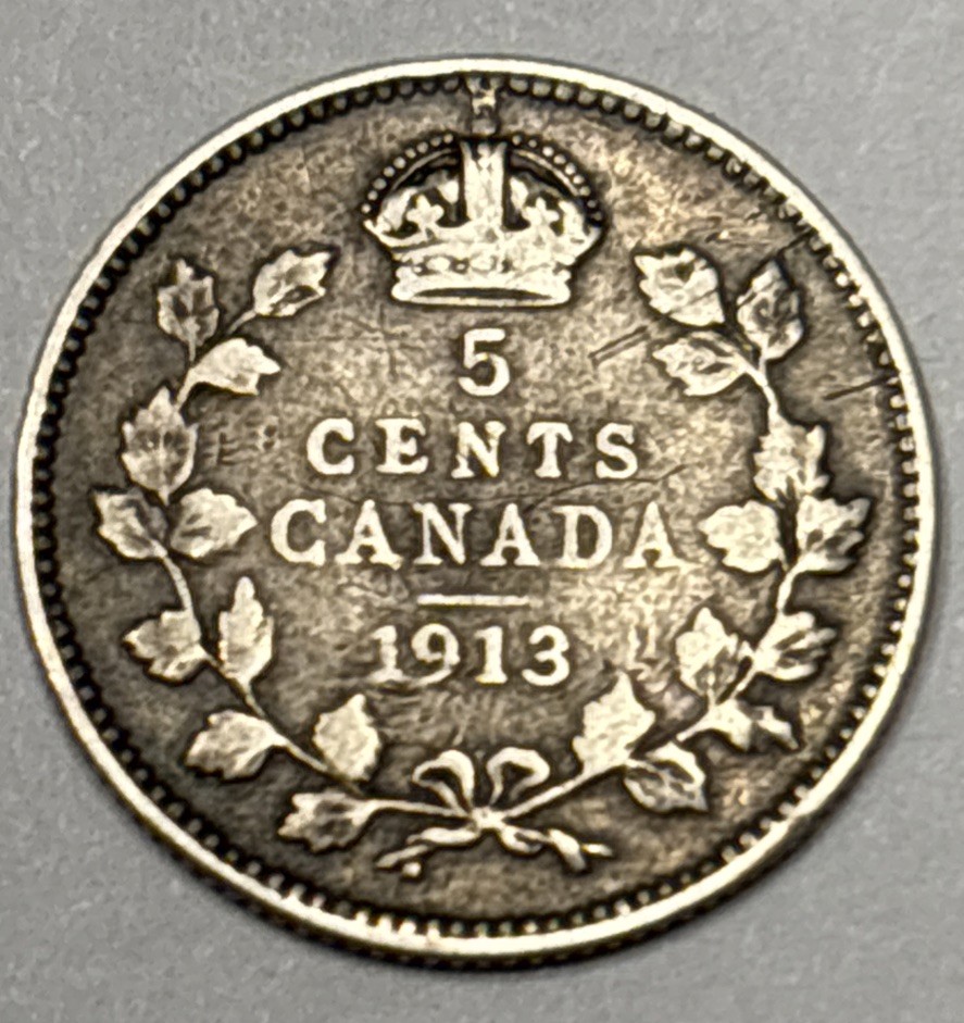 1913 Canada 5 Cents Silver Coin