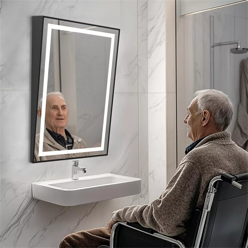ADA Fixed Tilt Bathroom Mirror Lighted Vanity Mirror Anti-Fog Stepless Dimmable