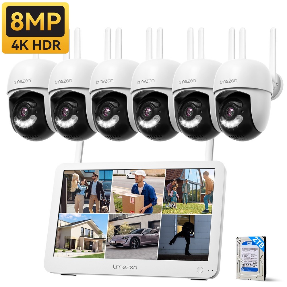 8MP WiFi PTZ Wireless Security Camera System IP66 CCTV 12"LCD 10CH NVR 2TB HDD