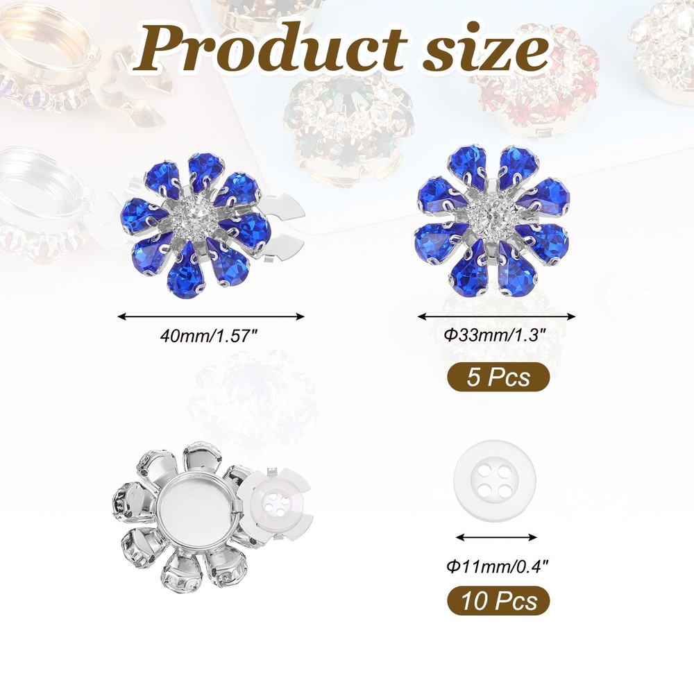 5 Pcs Rhinestone Button Covers, Water Drop Buttons, Navy Blue/Silver