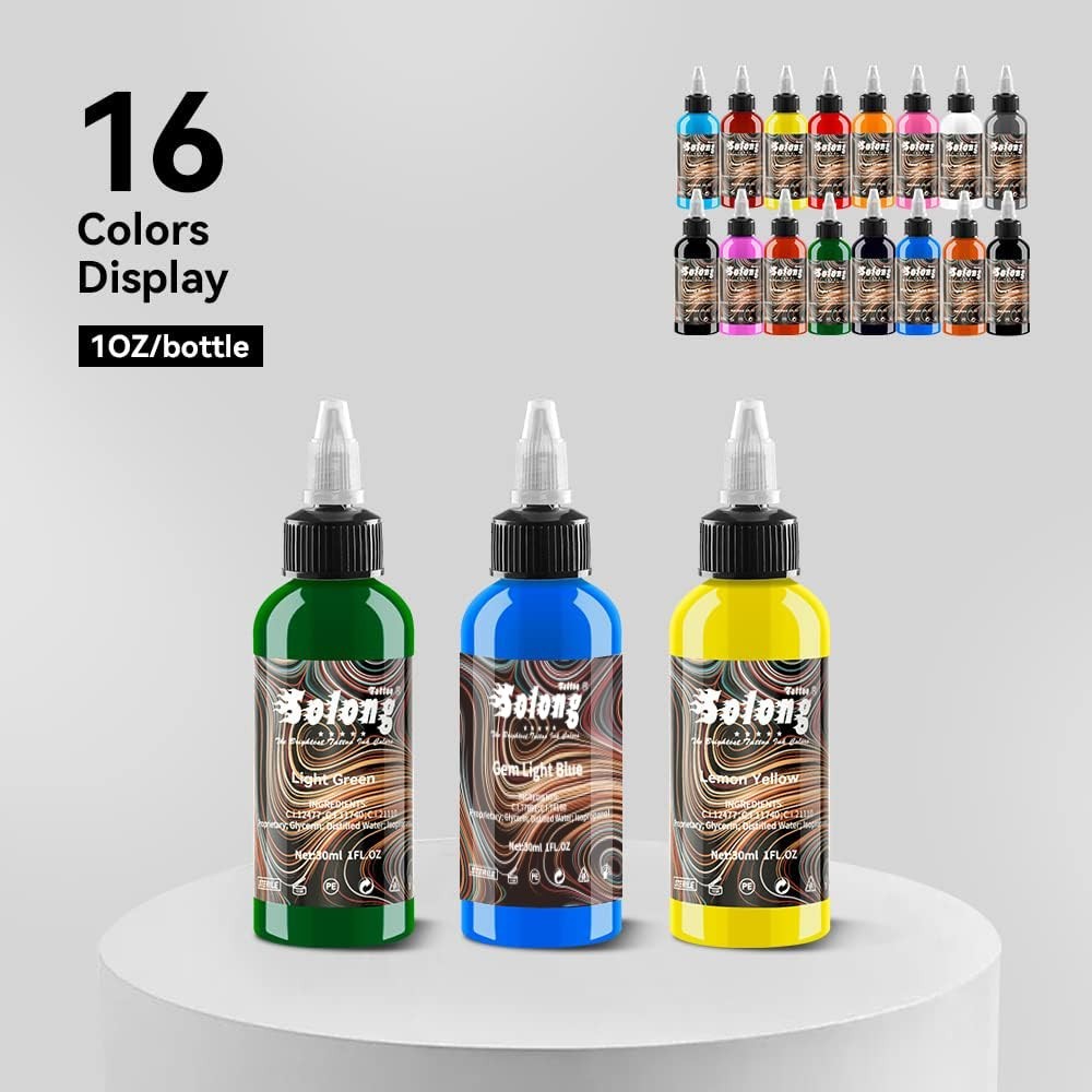 Professional Tattoo Ink 16-Piece Set in 30ml Bottles for Creative Expression