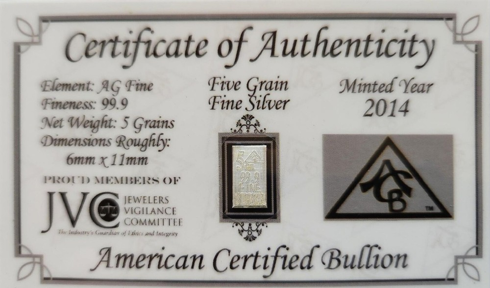 Fine Silver Bar 5 Grain COA Card Collection_Minted 2014_Great Gift