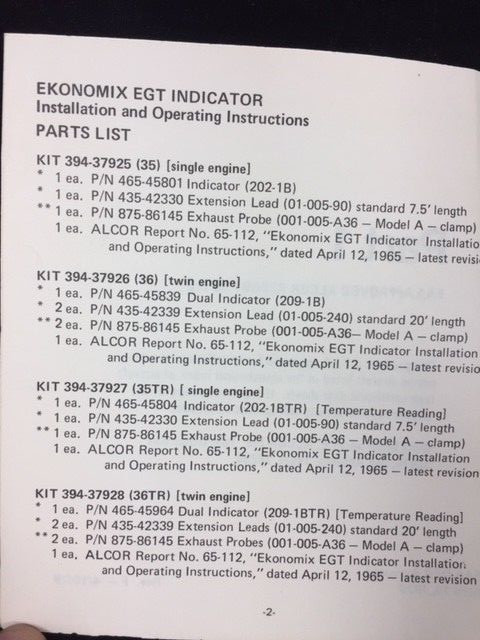 ALCOR EKONOMIX EGT INDICATOR INSTALLATION & OPERATING INSTRUCTIONS