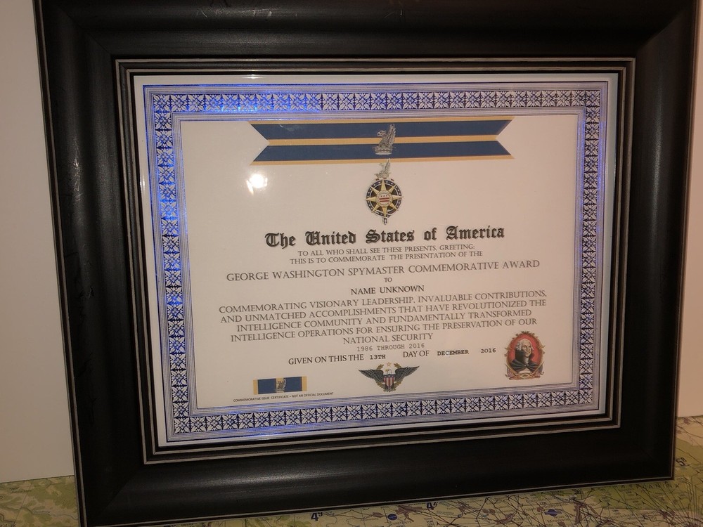 USIC ~ GEORGE WASHINGTON SPYMASTER COMMEMORATIVE AWARD CERTIFICATE Type-1