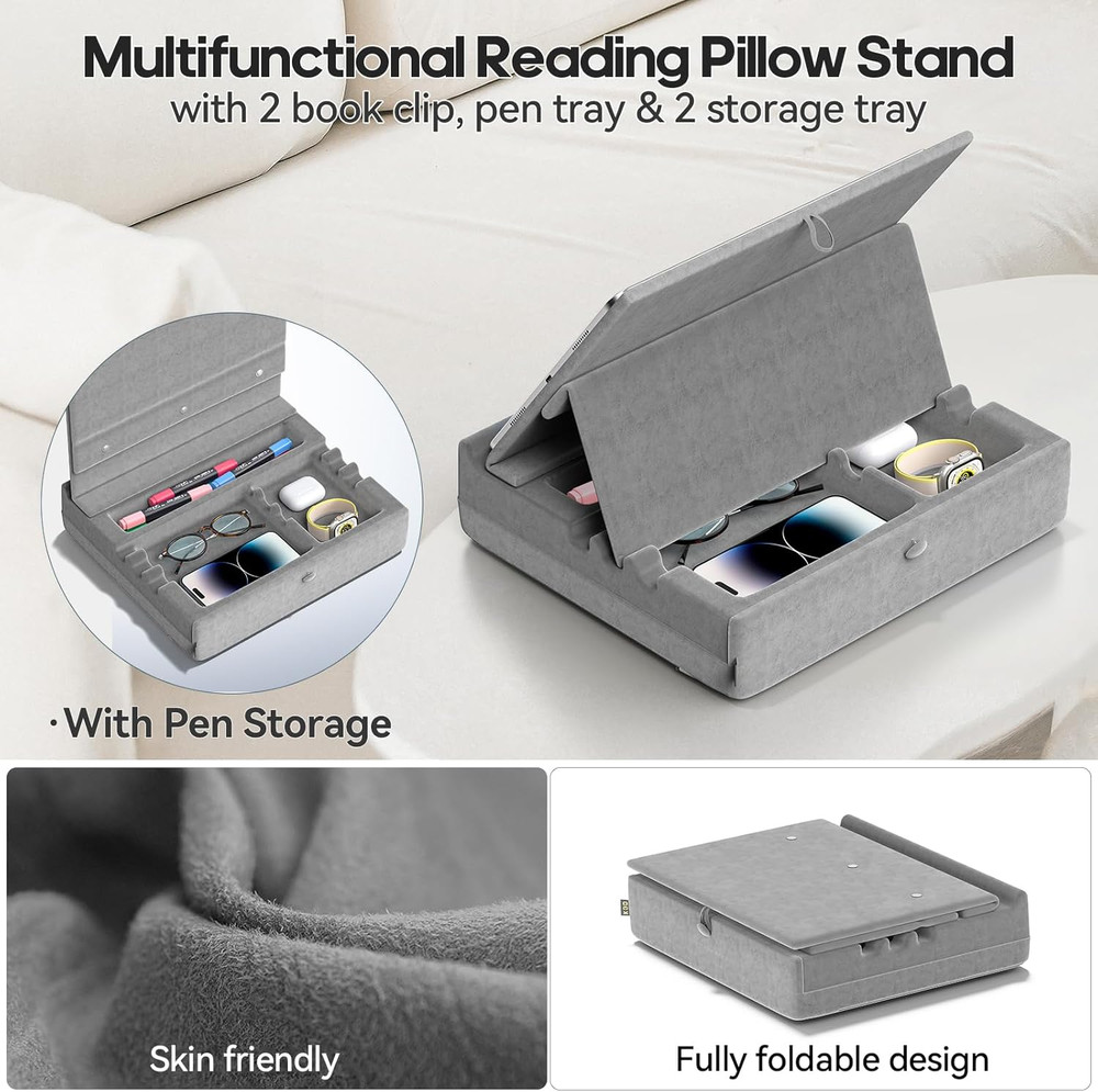 Book Stand with Storage, Multi-Angle Viewing Reading Tablet Holder for Lap, Bed,