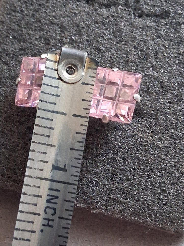Sterling silver invisible cut pink stone grid pattern stud earrings, prong set