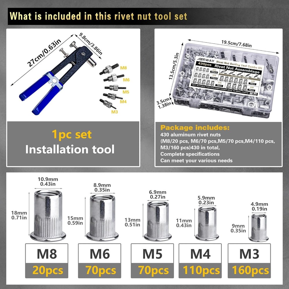 Pressure Rivet Nut Tool Kit, 430Pcs Metric Combination...