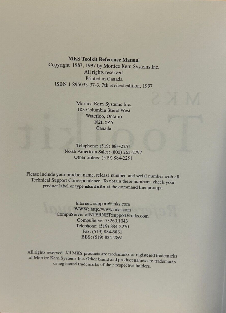 MKS Toolkit IBSN-1-895033-37-3 1997 Reference Guide Manual.