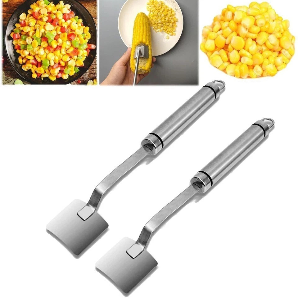 2PC Corn Peeler Stainless Steel Corn Cob Stripping Tool w/ Hook Long Handle Corn