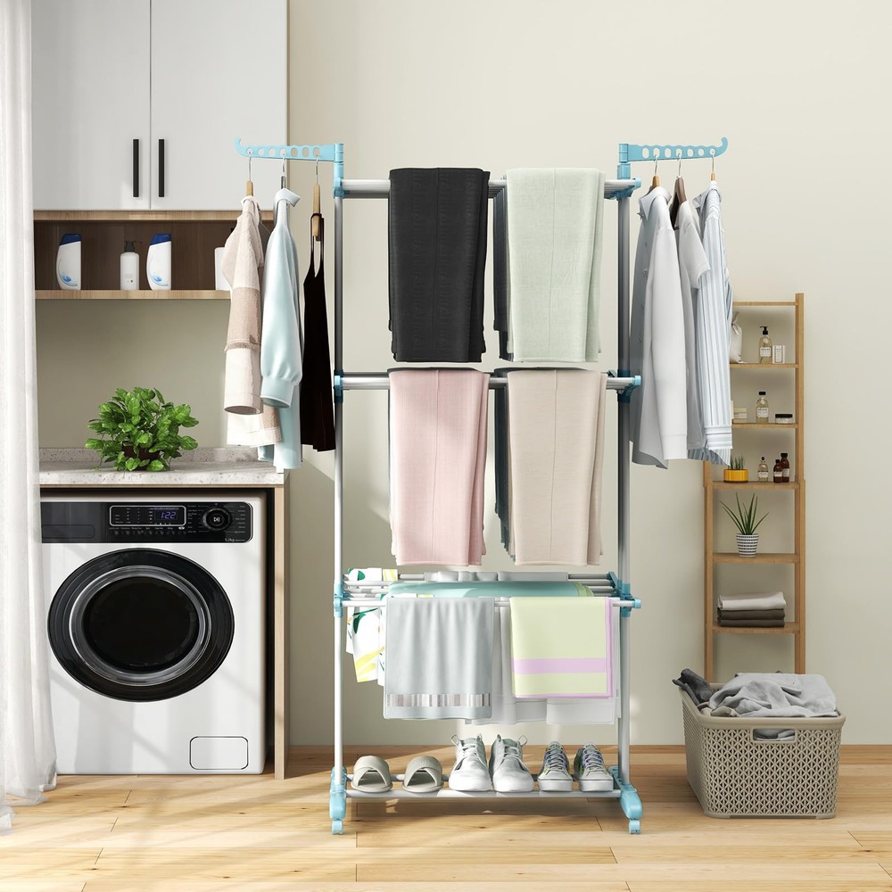 Foldable Clothes Drying Rack, Oversized 4-Tier Collapsible Laundry Rack w/ 3 ...