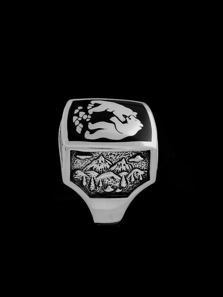 Fighting Bear Ring • 925 Sterling Silver • Mountain Scene