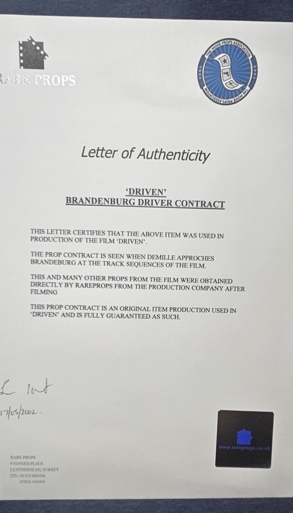 DRIVEN (2001 Sylvester Stallone, Burt Reynolds) Screen Used Prop Driver Contract