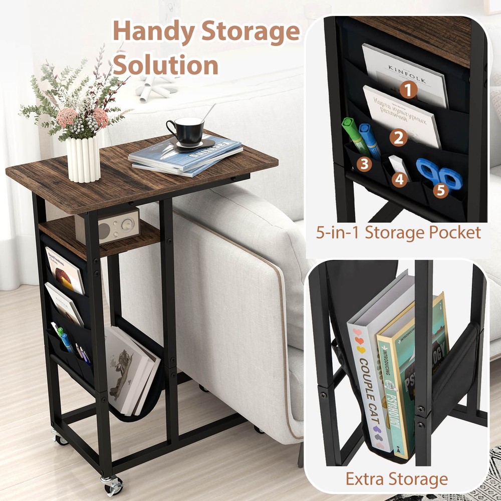 2 PCS C-shaped End Table w/ Charging Station Rolling Bedside Table Couch Side