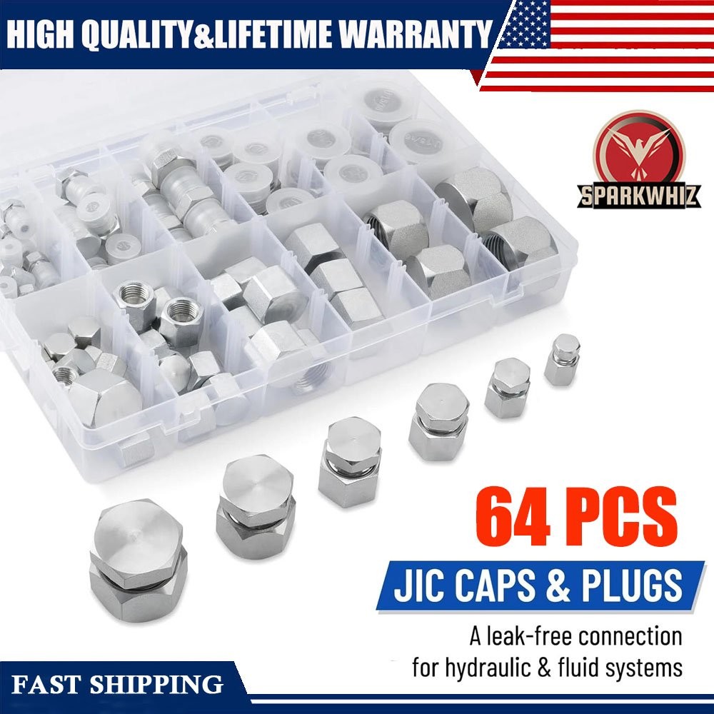 64PCS 37° JIC Cap & Plug Kit Hydraulic Hose Tube and Pipe Fitting Kit Heavy Duty