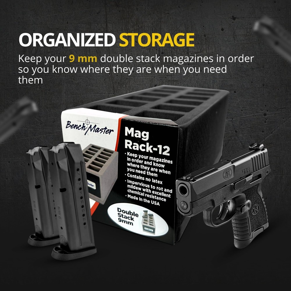 BenchMaster Double Stack 9mm Mag Rack, 12-Capacity Pistol Magazine Holder Safe