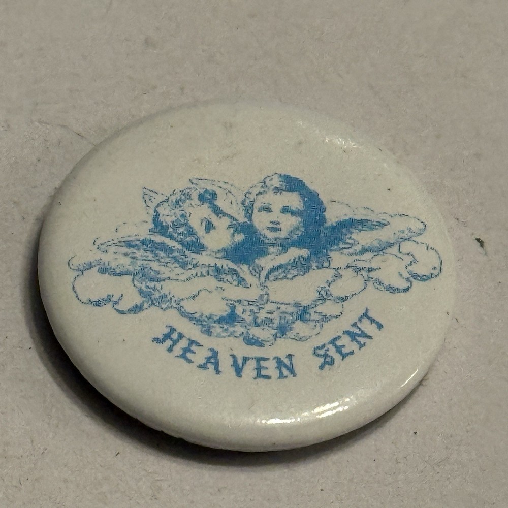 Heaven Sent Button Pin Angel Cherubs in Clouds