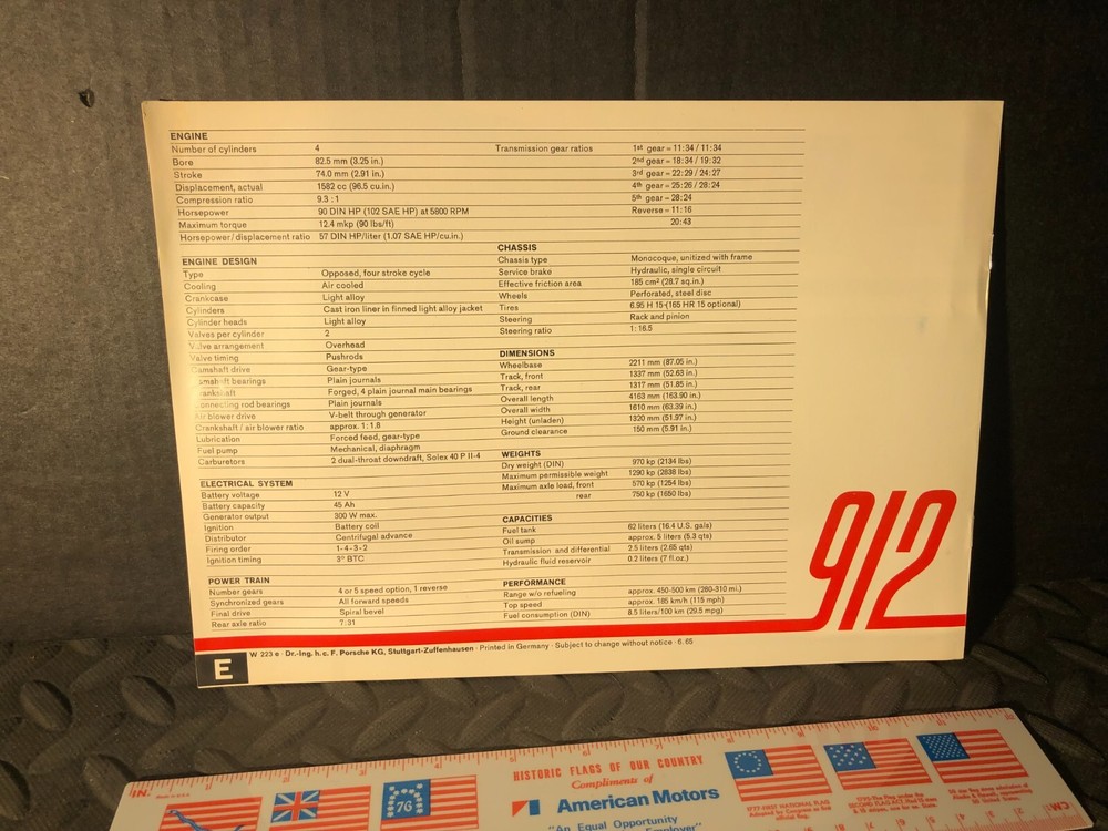 ORIGINAL VINTAGE BROCHURE 1965 PORSCHE 912