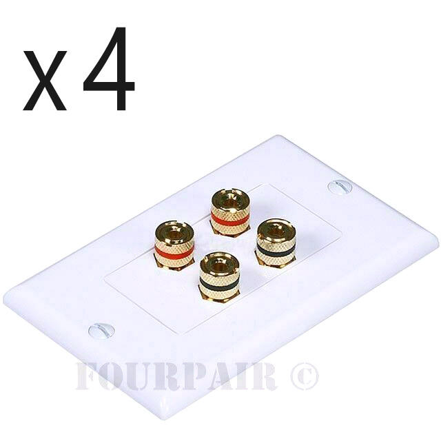 4 Pack - 2 Speaker 4 Binding Post Banana Jack Audio Wall Plate Face Plate White