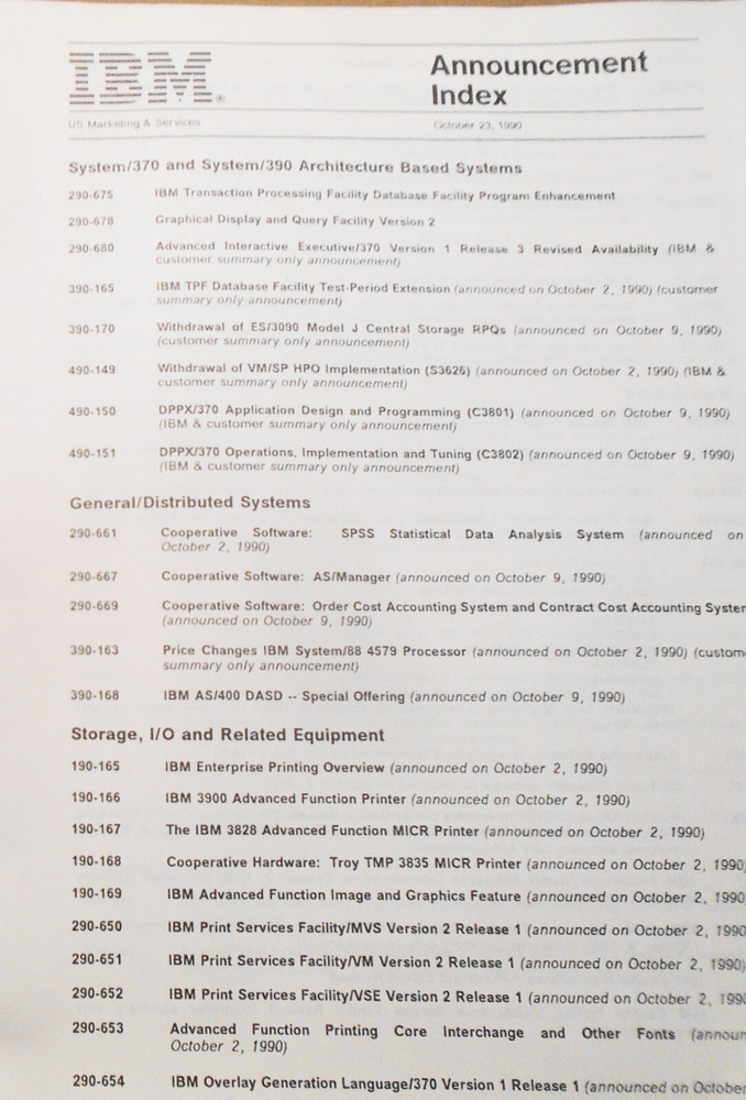 IBM Announcement Letter Summary, 10/23/1990 : System/370, Cooperative Processing