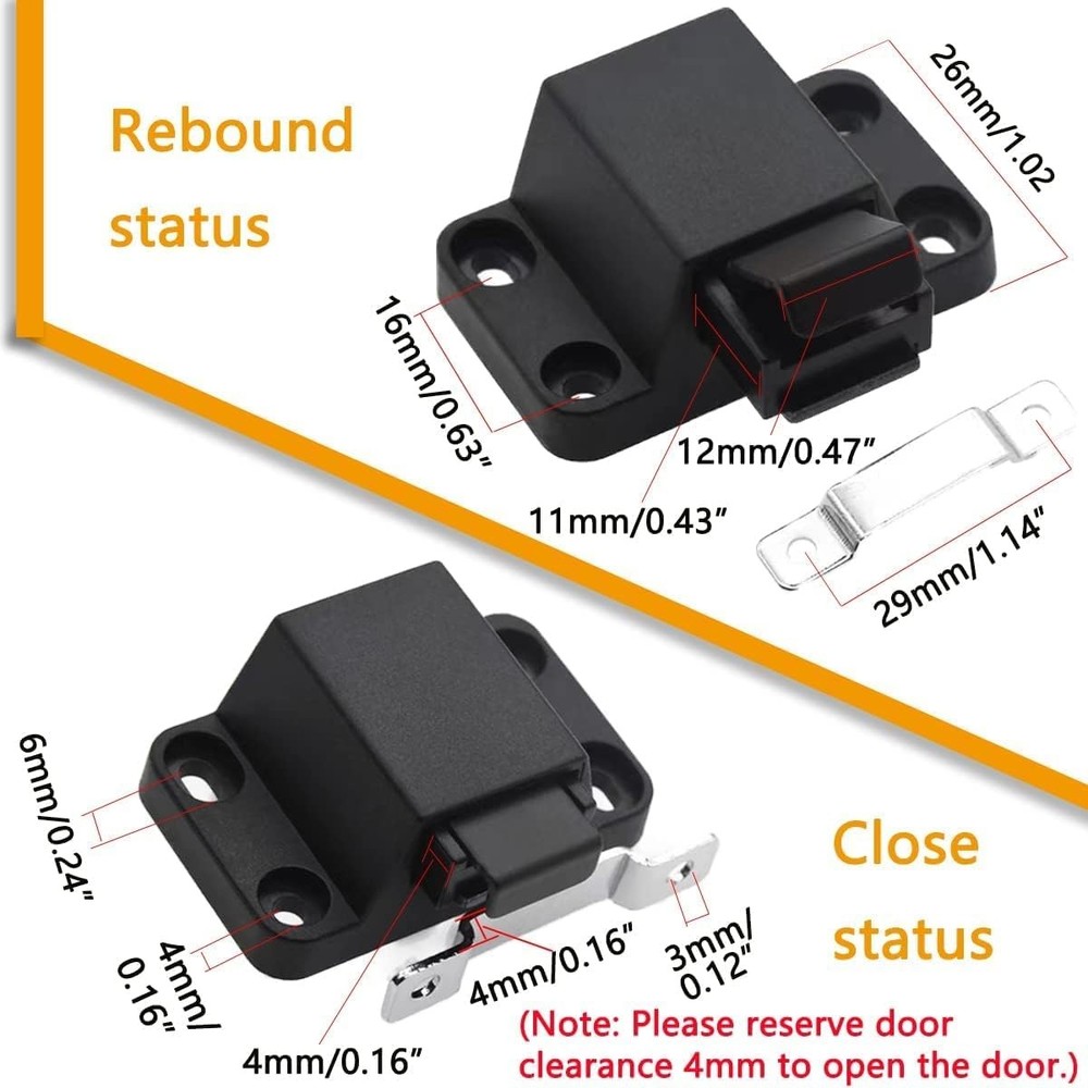 Self-Closing Push to Open Door Latch Cabinet Hardware 8 Pack Black Lock