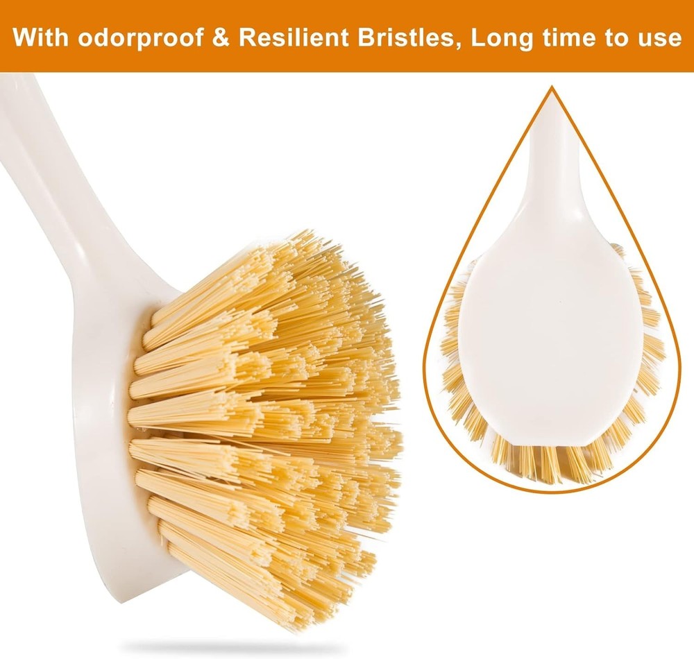 2 Pack Kitchen Dish Brushes with Bamboo Handle, Dish Scrubber Built-in Scraper,