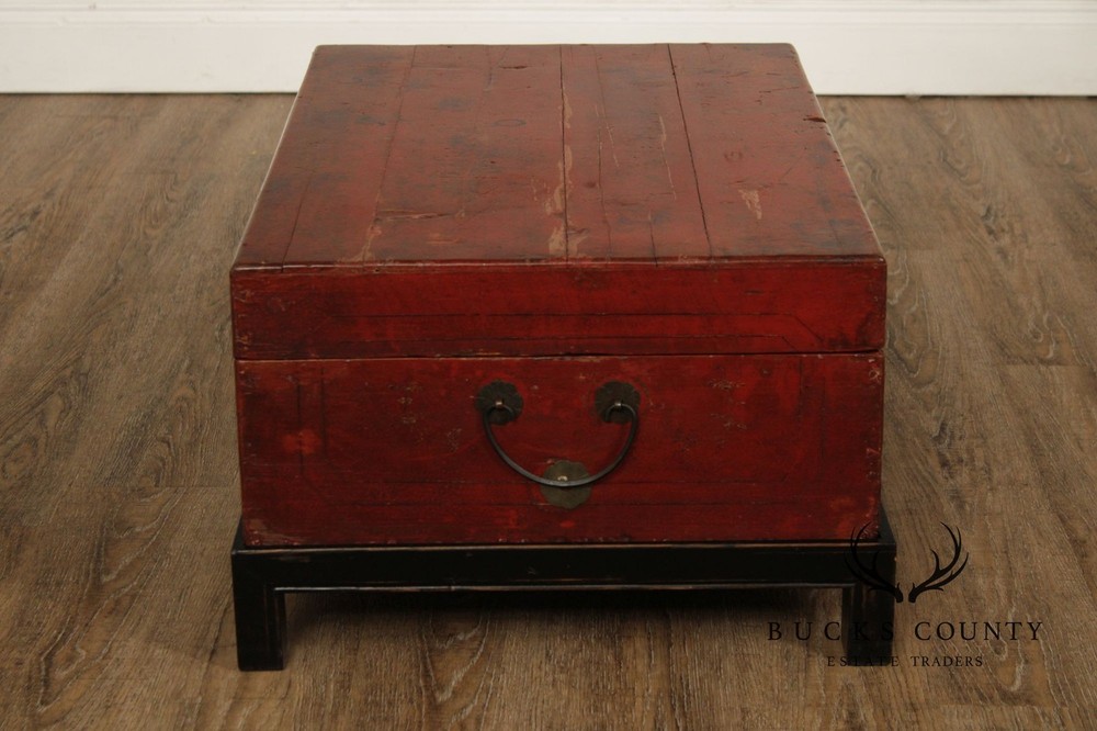 Red Lacquered Trunk With Brass Hardware On Custom Black Stand, Coffee Table