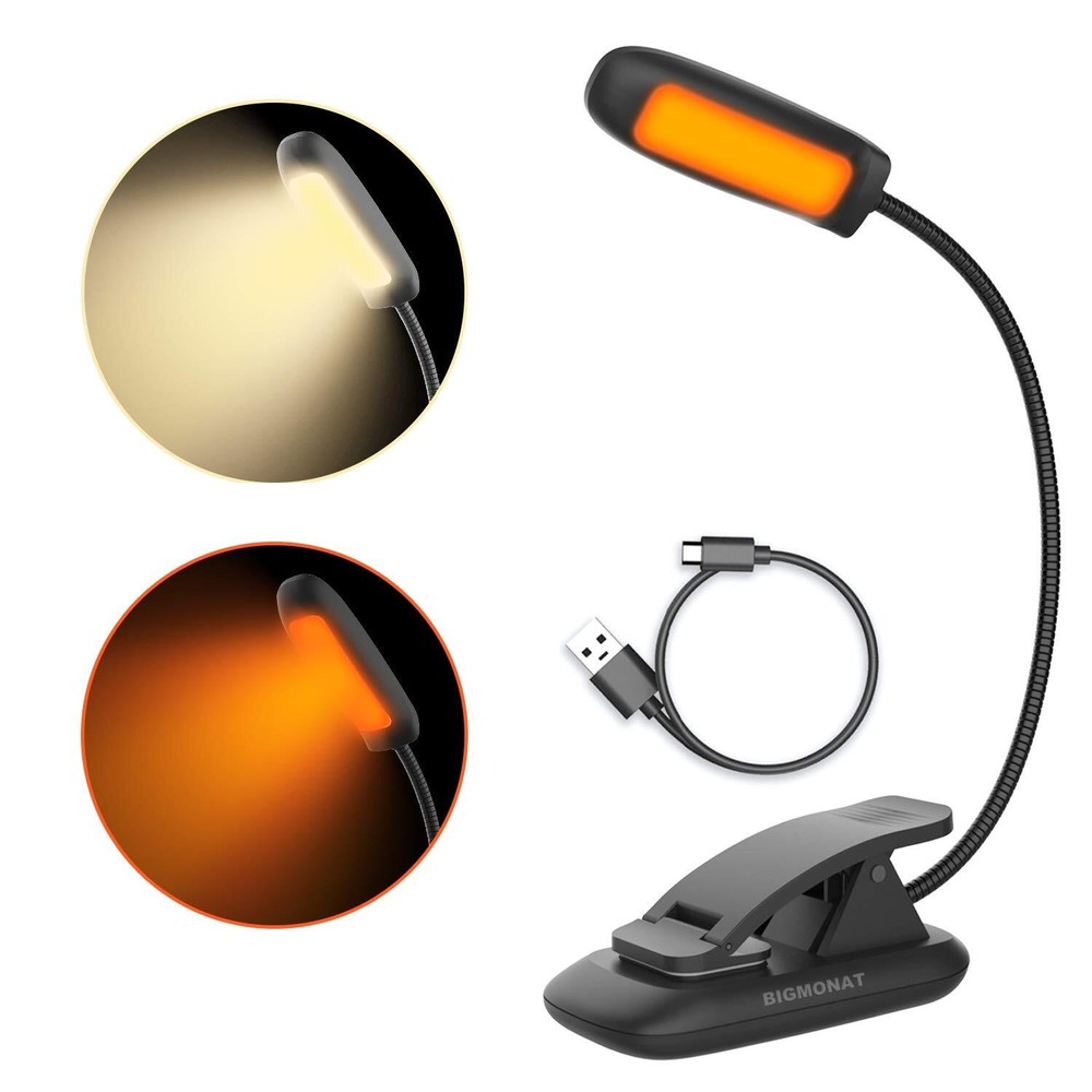 Rechargeable Book Reading Light Amber LED USB Bendable Neck Adjustable Black