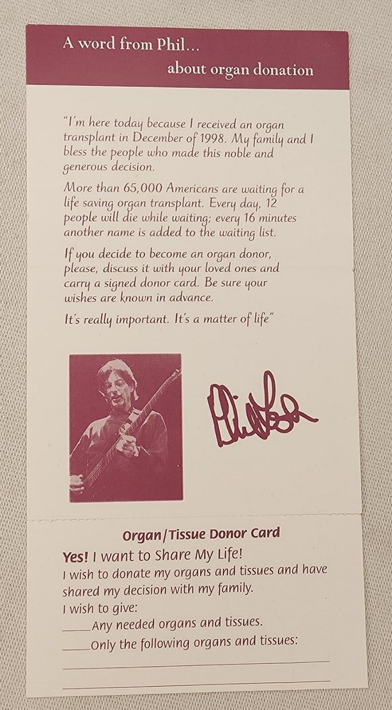 Phil Lesh Signed Organ/Tissue Donor Card Grateful Dead Unbroken Chain Foundation