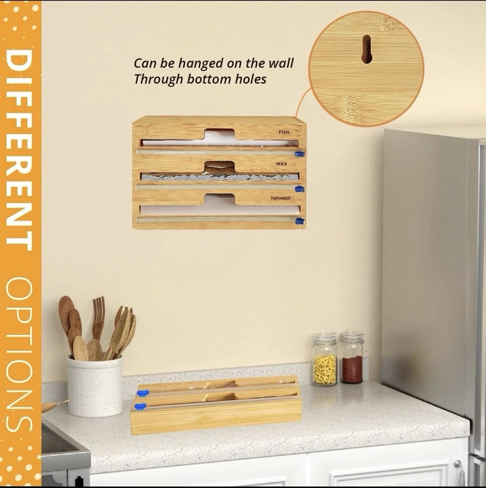 Compact Bamboo Wrap Organizer with Cutters – Holds 3 Wrap Types for Drawer