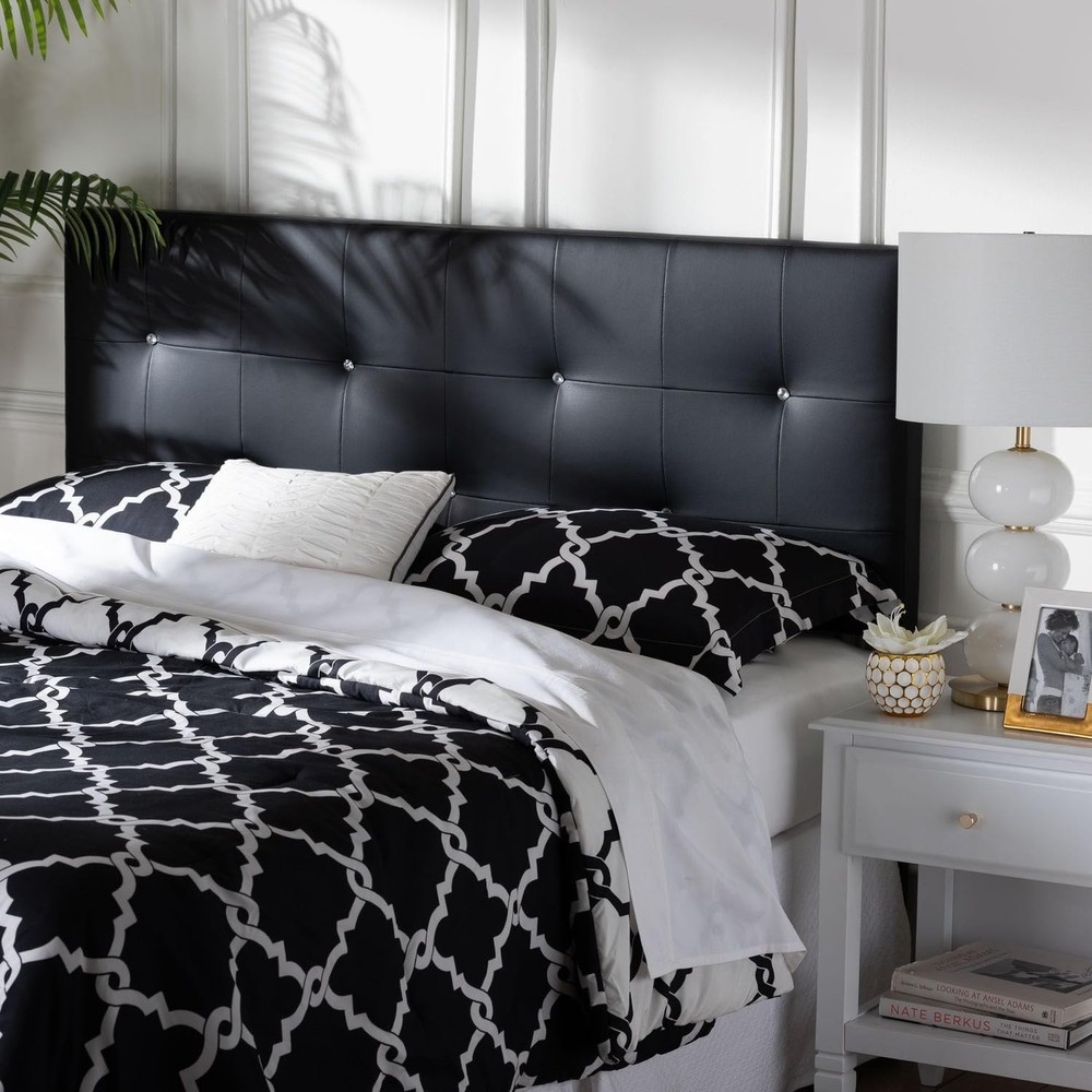 Pemberly Row Modern Faux Leather Tufted Full Panel Headboard in Black