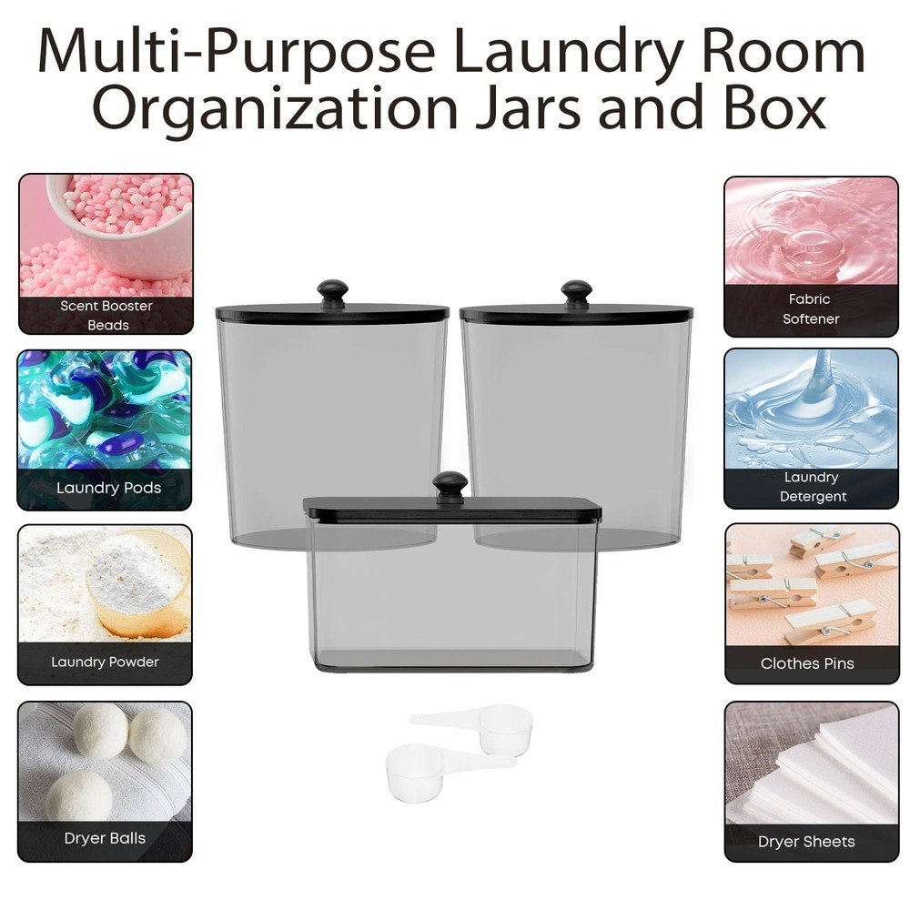 COAZEX 3 Pack Laundry Powder Container & Dryer Sheet C-Black(Black Lid)