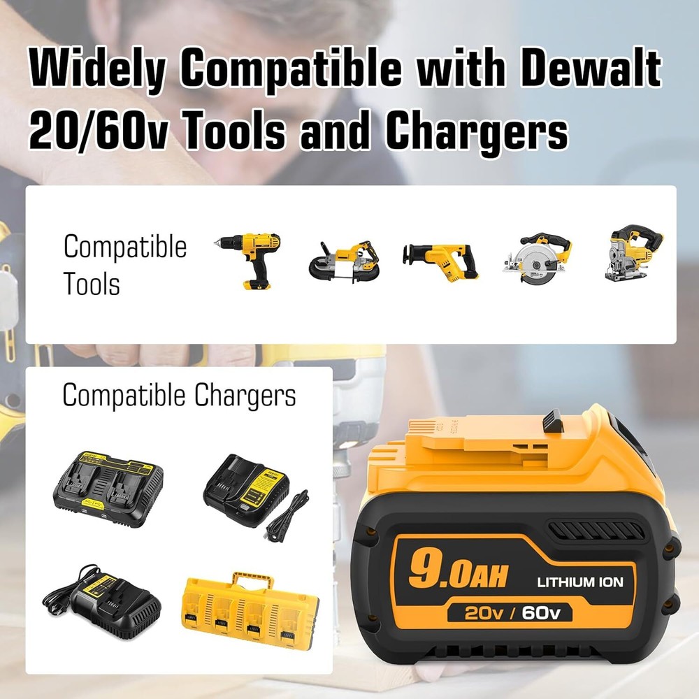 4PC 9Ah 20V/60V MAX Replacement for DEWALT Battery Lithium DCB615 DCB606 Tool
