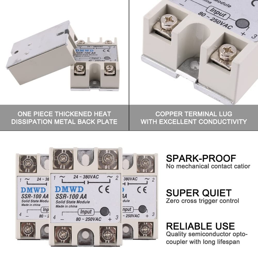 SSR-100AA Solid State Relay AC to AC (Input 80-250V AC Output 24-380V AC) wit...