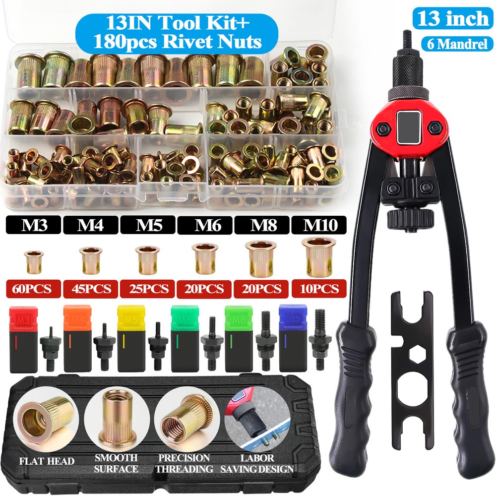 180PCs Rivet Gun Kit Rivnut Setting Tools Nut Setter Tool Hand Blind Riveter Gun