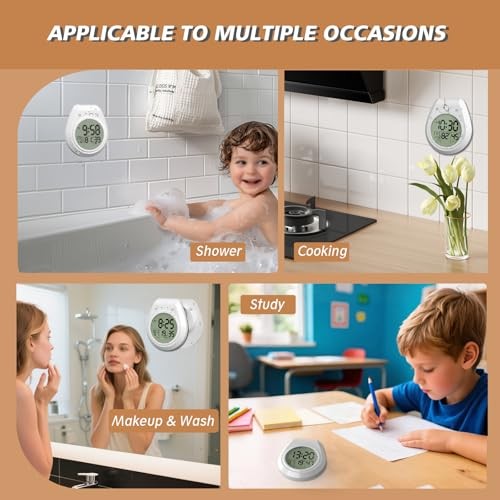 Shower Timer Clock Waterproof, Digital Bathroom Kitchen Wall Clock with LCD