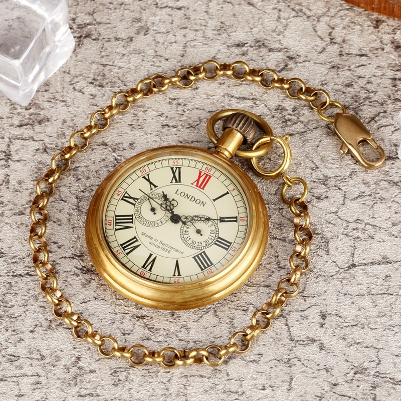 Vintage Solid Copper Mechanical Pocket Watch Hand-Wind 24-Hour/Seconds Subdials