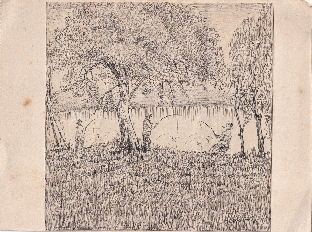 Pen Drawing on Cardboard - Angler - Signed