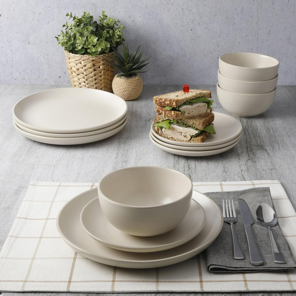 12-Piece Dinnerware Set Kitchen Table Serving Plates Bowls Stoneware Cream Beige