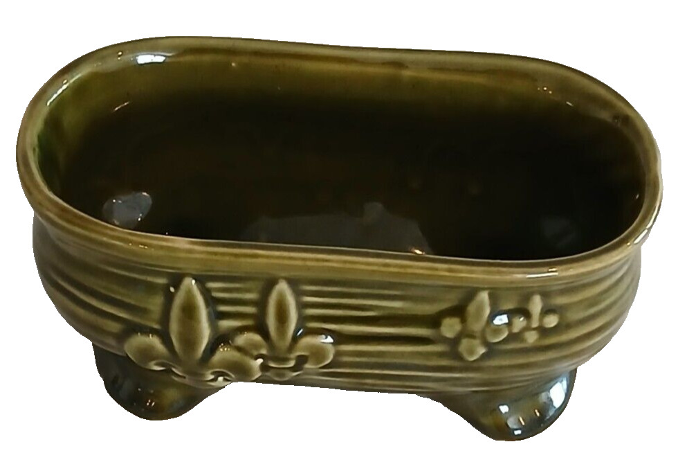 Olive Green Footed Oval Shaped Fleur De Lis Ceramic Planter6.6"x3.25"