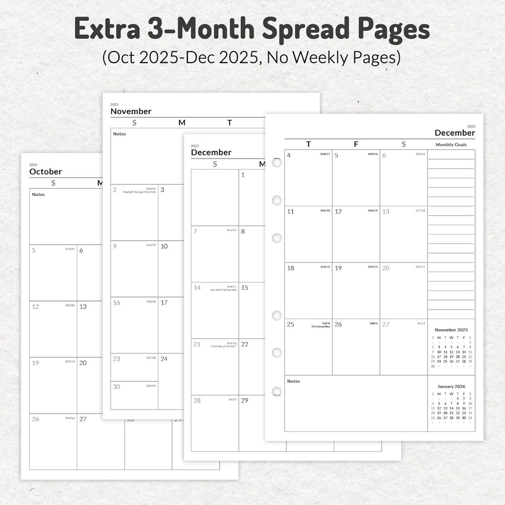 2026 Weekly & Monthly Planner Refills for A5 6-Ring Binders, Jan 2026 - Dec