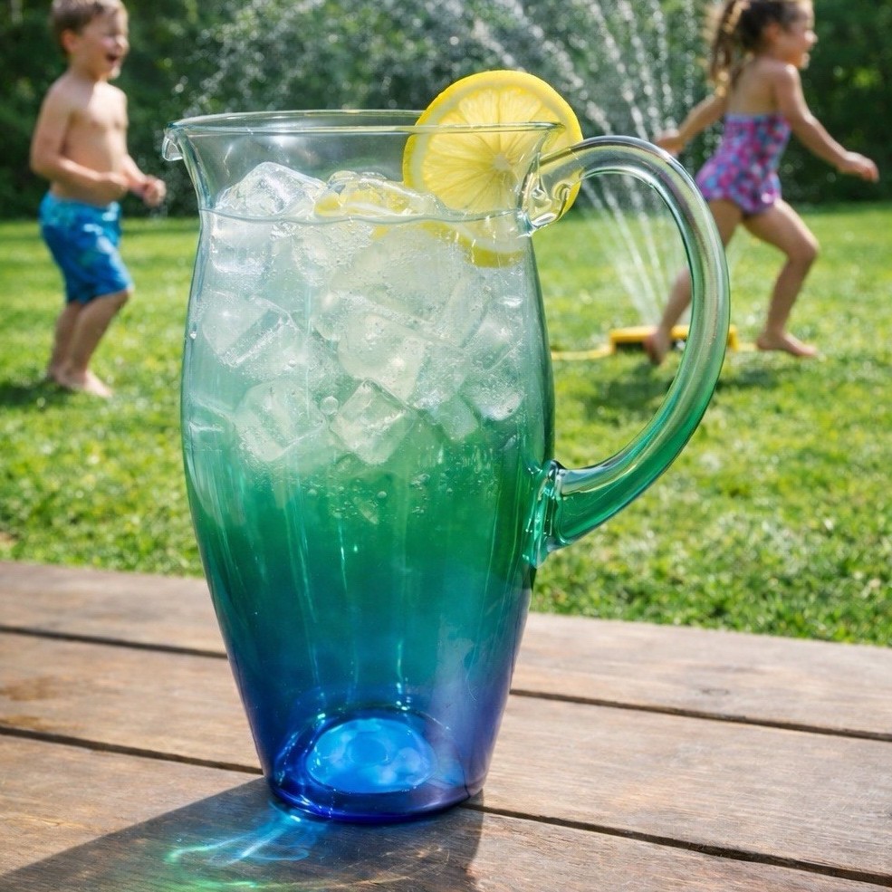 Plastic Blue Green Gradient Pitcher with Handle, Glossy Modern Finish 52 oz.